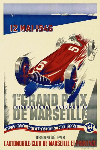Vintage Grand Prix Poster 1946 Marseille Motor Racing Sports France Art Decor