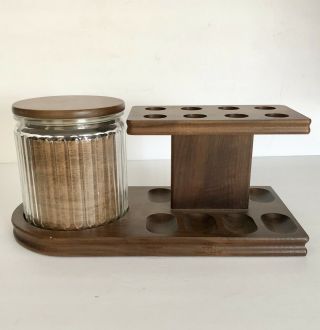 Vintage Walnut Wooden Pipe Stand Holder With Smoke Glass Tobacco Jar Humidor