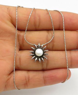 925 Sterling Silver - Vintage Freshwater Pearl Sun Design Chain Necklace - N2616