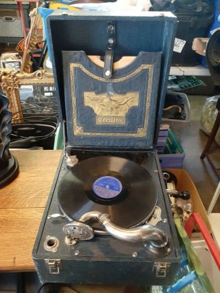 Rare Blue Antique Cecilian Melophonic Wind Up Record Player