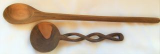 2 Large Vintage Artisan Hand Turned Wood Spoons -