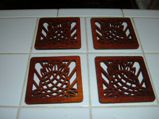Hawaii 4 " X 4 " Set Of 4 Koa Veneer Wood Pineapple Carved Bar Table Coasters