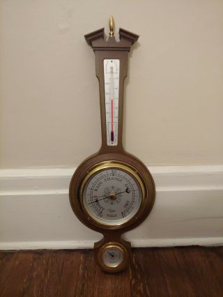 Vintage Mahogany & Brass Taylor Banjo Style Barometer Temperature Humidity 22 "