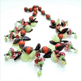 Vintage Red Green Flowers Leaves Lampwork Art Glass Bead Necklace No19200
