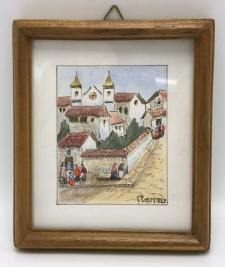 Small Vintage 1988 Watercolor Of Quito,  Ecuador City Scene,  Signed Wood - Framed