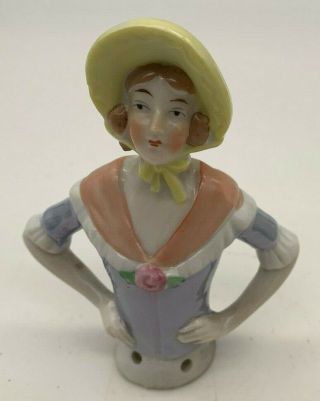 Vintage Germany Porcelain Pin Cushion Half - Doll Yellow Hat