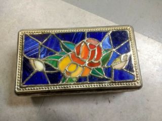 Vintage Stained Glass Flowers Silver Metal Jewelry Trinket Box Art Floral Hinged