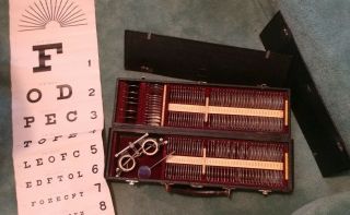 Antique Ophthalmic - Optometrist 1800s Lens Kit Full Set Orig Case & Eye Chart