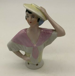 Vintage Germany Porcelain Pin Cushion Half - Doll Pink Shawl And Hat 39