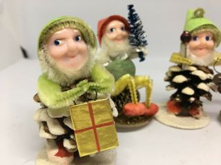 Five Vintage Christmas Elf Pine Cone Decorations - Japan - Box