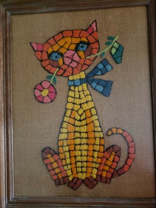 Vintage Embroidered Cat Picture 17.  5 " X 13.  5 " Wooden Frame.  Wire Hanger.  Glass.