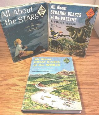 3 Vintage 1950s Allabout Books: Great Rivers,  The Stars,  Strange Beasts Hb/djs