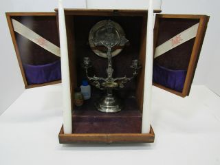Antique Sick Call Last Rites Exorcism Kit Wood Box Crucifix Silver Holy Water