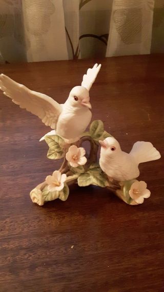Vintage Ceramic White Doves Sitting On Floral Branch