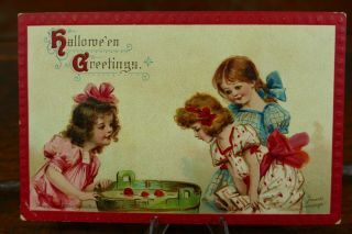 Vintage 1910 Halloween Postcard Frances Brundage Girls Bob Apples Gabriel 120