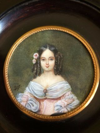 Antique 18th Century French Miniature Portrait Girl Baroque Dress Signed