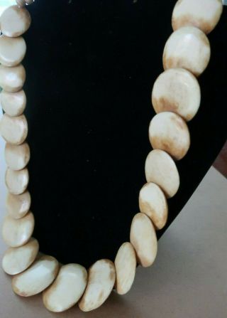 Vintage Handmade Glazed Cow Bone Disc Necklace India 1970s Carved Beads Natural