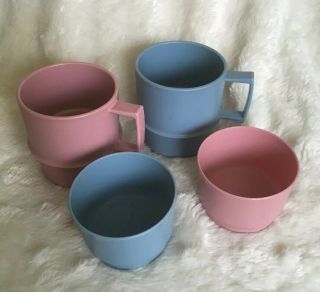 2 Vintage Tupperware Stackable Cups Mugs 1312 Pink & Blue Snack Bowl 1229