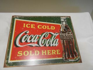 Vintage Coca Cola Sign Tin Metal Soda Pop Bottle Advertising Ice Cold Here