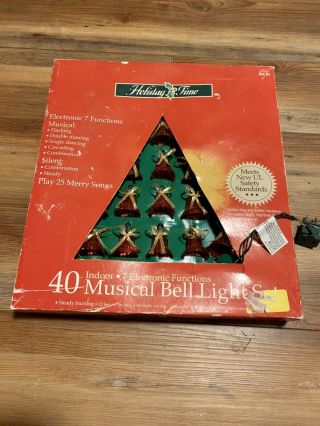 Vintage Musical Bell Lights Christmas Carols Songs Red Gold Bow Santa Remote
