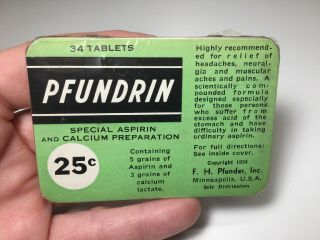Vintage Pfundrin Aspirin Tablets Advertising Medicine Tin With Contents