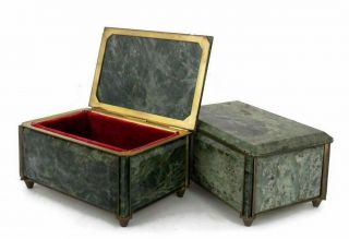 Antique Jewelry Box Green Marble Stone W/beveled Edges And Red Velvet