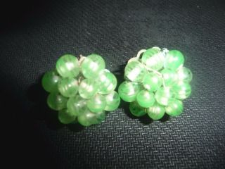 Vintage Green Glass Beaded Flower Clip On Earrings 1950 - 60 