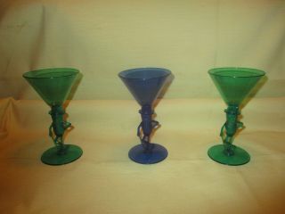 Set Of 3 Vintage Planters Mr.  Peanut Plastic Martini Glasses,  2 Green & 1 Blue