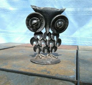 Vintage Primitive Metal Hoot Owl Barn Miniature Figurine Tin Statue ❤️ts8j