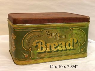 Vintage 1977 Green Metal Bread Box W/ Hinged Lid - Wheat Heart Bread Graphics