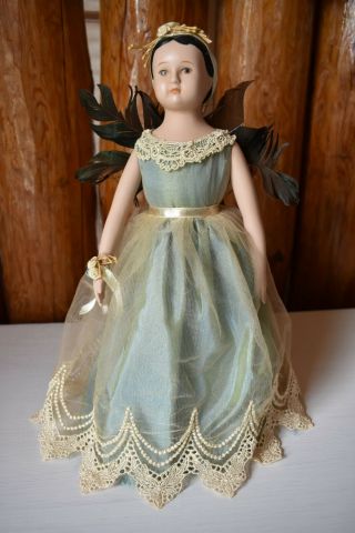 Vintage Angel Christmas Tree Topper W/ Porcelain Face And Arms,  Feather Wings
