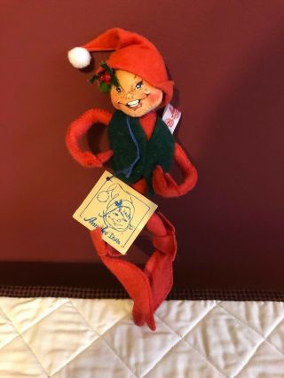 Vintage Annalee Christmas Elf Decoration 1999 Holly Red Felt Suit Doll With Tag