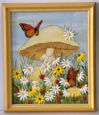 Vtg 1970s Mid Century Modern Mushrooms Butterflies Oil Painting Wall Art A Hupke