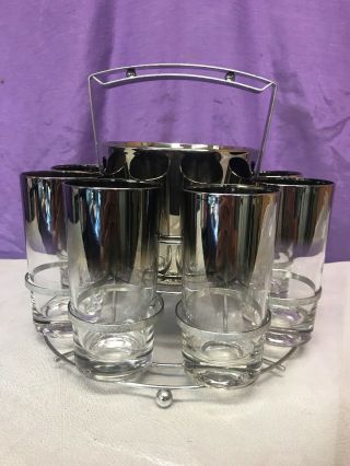 Vtg Mid Century Mod Dorothy Thorpe Silver Chrome Glasses Bar Ice Bucket & Caddy