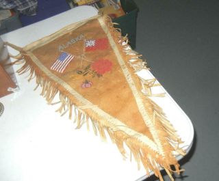 Rare Antique 27 " Native American Beadwork Leather & Cloth Flag Alaska