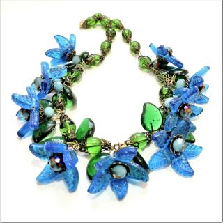 Vintage Aqua Blue Green Flowers Leaves Lampwork Art Glass Bead Necklace No19107