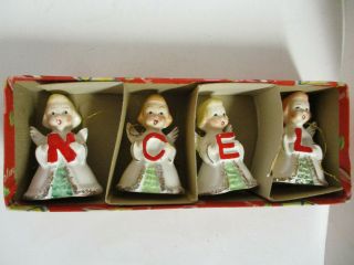 Vintage 4 Pc Charming Ceramic Christmas Angel Bells Spell Noel,  W/original Box