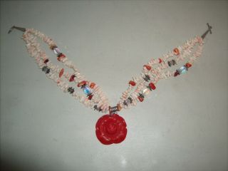 Vintage Red And White Coral 3 Strand Large Red Rose Pendant 16 " Choker Necklace