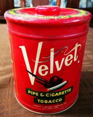 Vintage Velvet Pipe And Cigarette Tobacco Tin Can St.  Louis Mo.  14 Oz