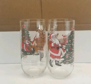 Set Of Two Vintage Santa Claus And Reindeer Christmas Glasses 16 Oz