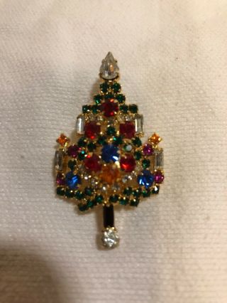 Vintage Signed Warner Rhinestone Christmas Tree Brooch - 4 Candles,  Very Sparkly