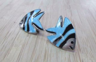 Vintage Enameled Sterling Silver FISH Screw - Back Earrings 10.  8grams 3 - K522 3