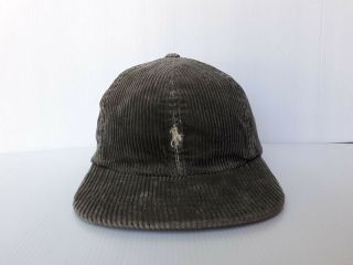 Vtg.  Polo By Ralph Lauren Corduroy Olive Green Cap Hat Gray Pony Leather Strap