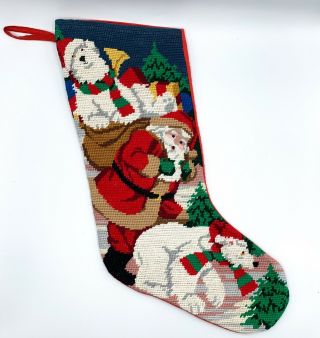 Vintage Needlepoint Santa Polar Bears Christmas Stocking