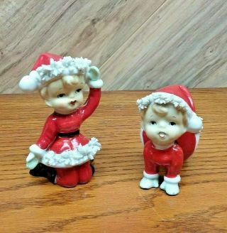 2 Vintage Christmas Santa Girl Figurines Spaghetti Trim 4 " & 3 - 1/2 " Tall Mij