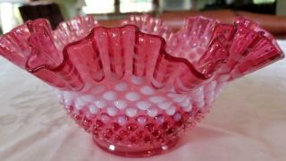 Vintage Cranberry Glass Opalescent Hobnail Bowl 9 Inch Ruffled Rim