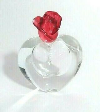Vintage Hand Blown Glass Perfume Scent Bottle With Rose Stopper 3.  5 " Clear Red