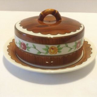 Vintage Orchard Ware Round Butter Cheese Plate & Lid Woodgrain Design Py Japan