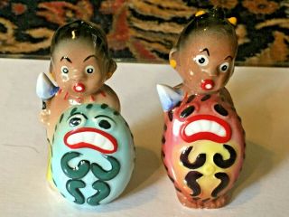 Vintage Boy & Girl Tribal Figures Salt & Pepper Shakers Ceramic