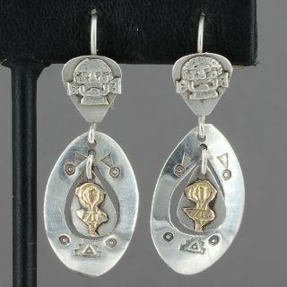 Delicate Vintage Sterling Silver & 18k Gold Peruvian Deity Dangle Earrings